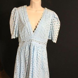 Dee Dee Dress Blue Eyelet V Neck Short Sleeve Cool Lightweight Mini Length